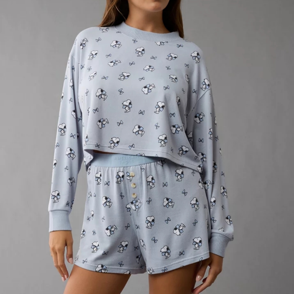 NWT American Eagle Blue Snoopy Bow Plush PJ Set XXL